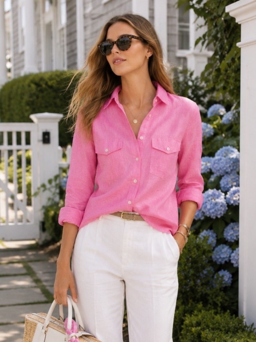 Banana Republic Pink Flax Cotton Button Front Shirt Coastal Hamptons Luxe Top